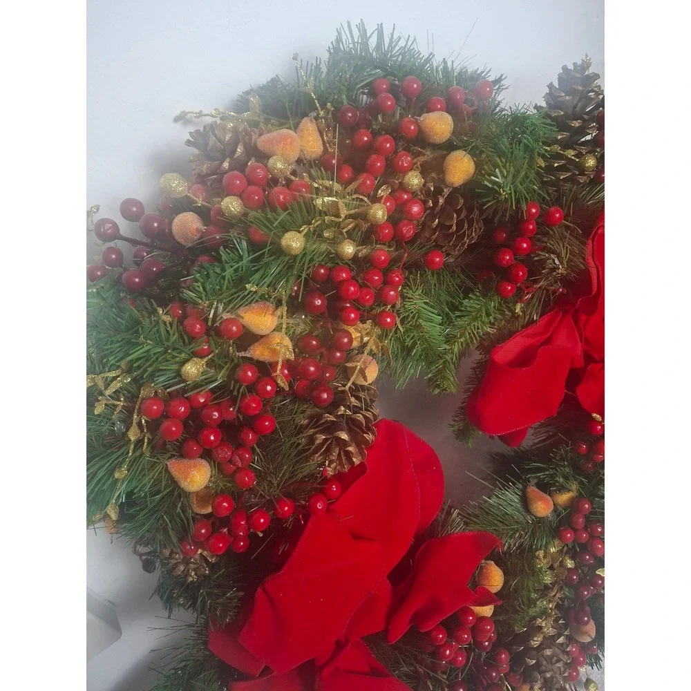 Christmas Wreath Red Velvet Bows Berries Pinecones Artificial Holiday Decor